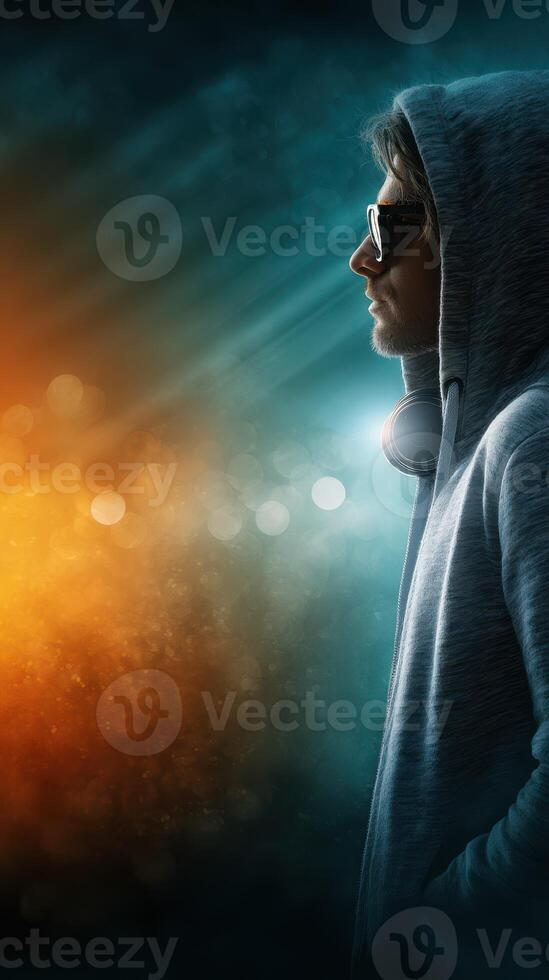 Profile of a person in a hoodie with sunglasses against a colorful background during a night event photo