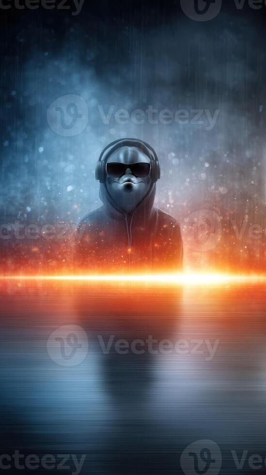 Mysterious figure in hoodie and headphones stands in a glowing ambient setting with reflections and dramatic lighting photo