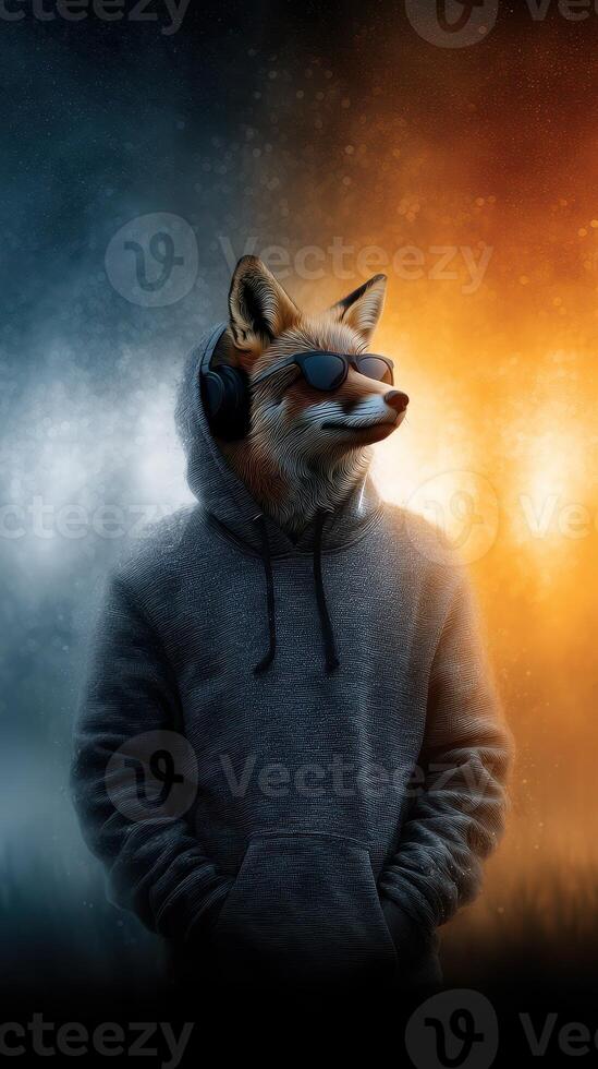 Fox character wearing sunglasses and headphones in an urban setting during nighttime music performance photo