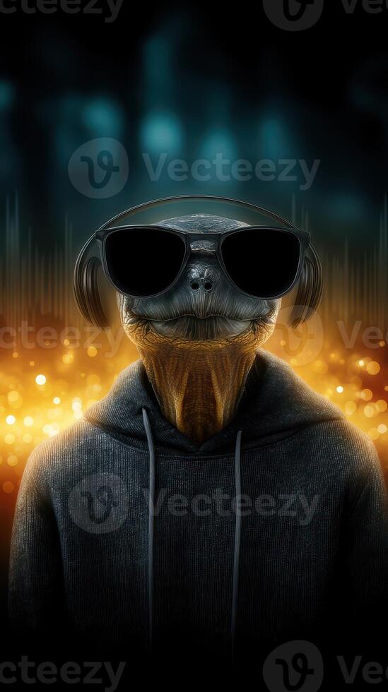 Unusual character wearing sunglasses and a hoodie, set against a vibrant background with abstract lights and sound waves photo