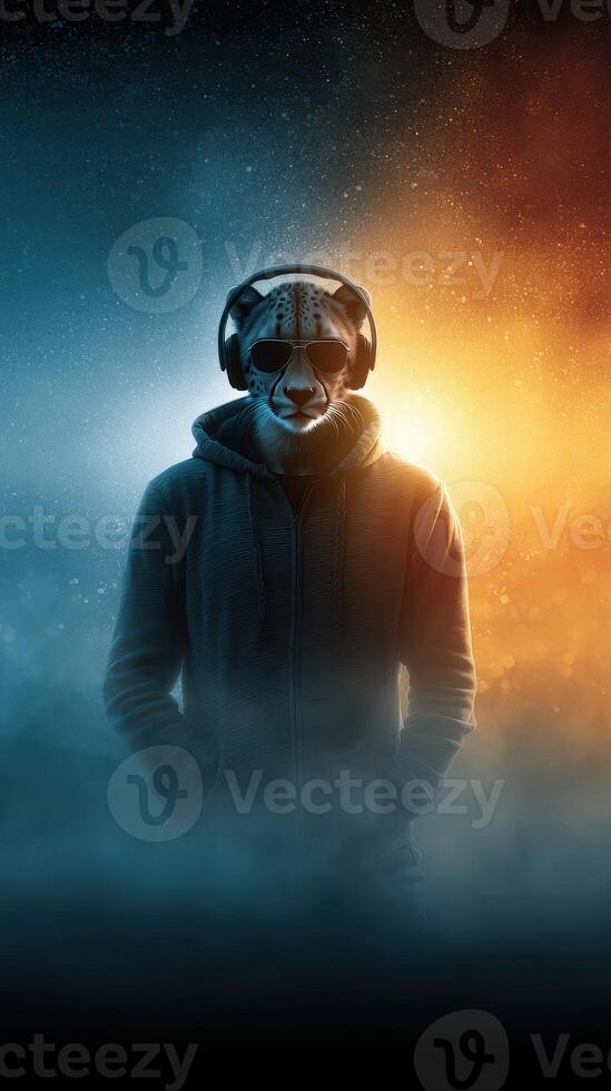 Individual with a leopard mask and headphones standing against a vibrant, contrasting background in a creative urban setting photo
