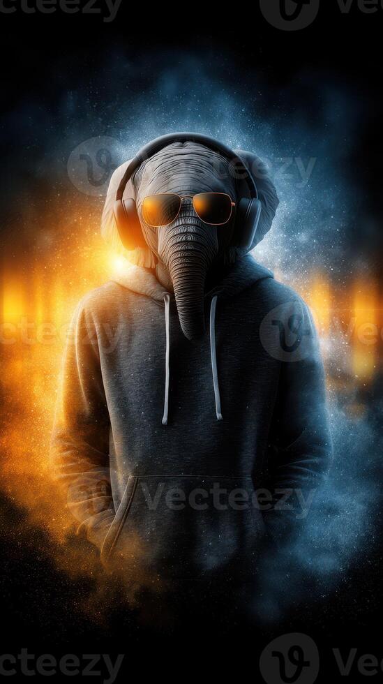 Elephant-headed figure in hoodie with headphones and sunglasses amid glowing colorful smoke photo
