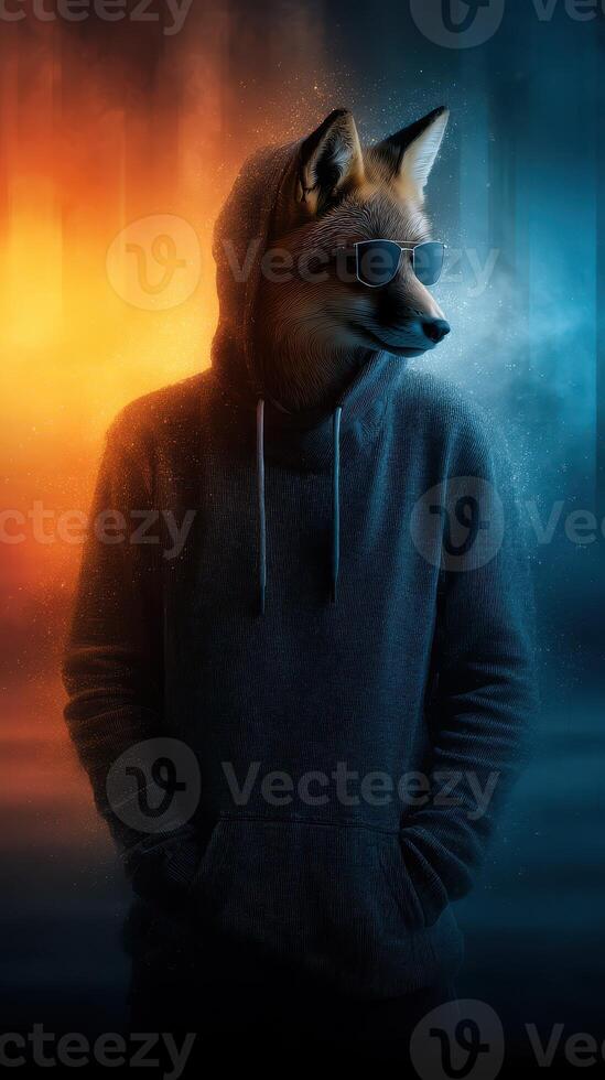 Fox character in hoodie and sunglasses stands against a striking orange and blue smoky background at night photo