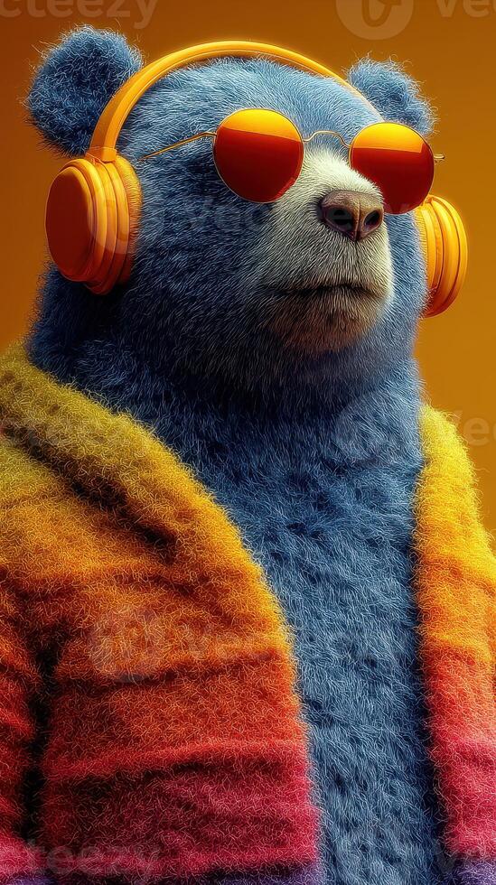 Colorful bear wearing sunglasses and headphones relaxes in a cozy setting with vibrant hues during a sunny day photo