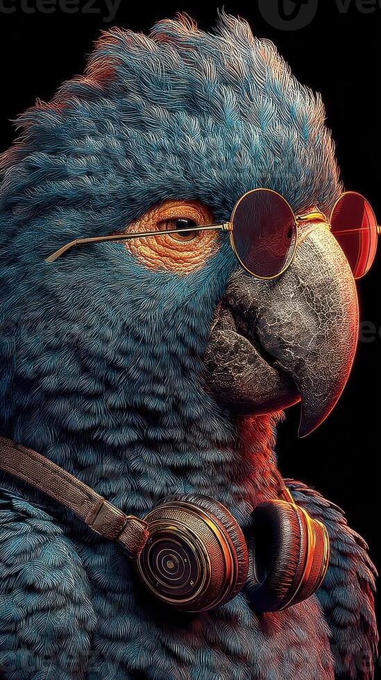Colorful parrot with headphones and glasses showcases a unique style against a dark backdrop photo
