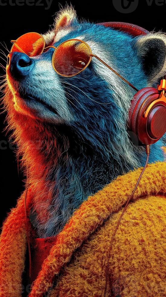Stylish raccoon wearing glasses and headphones, showcasing vibrant colors and casual attire in a creative artwork setting photo