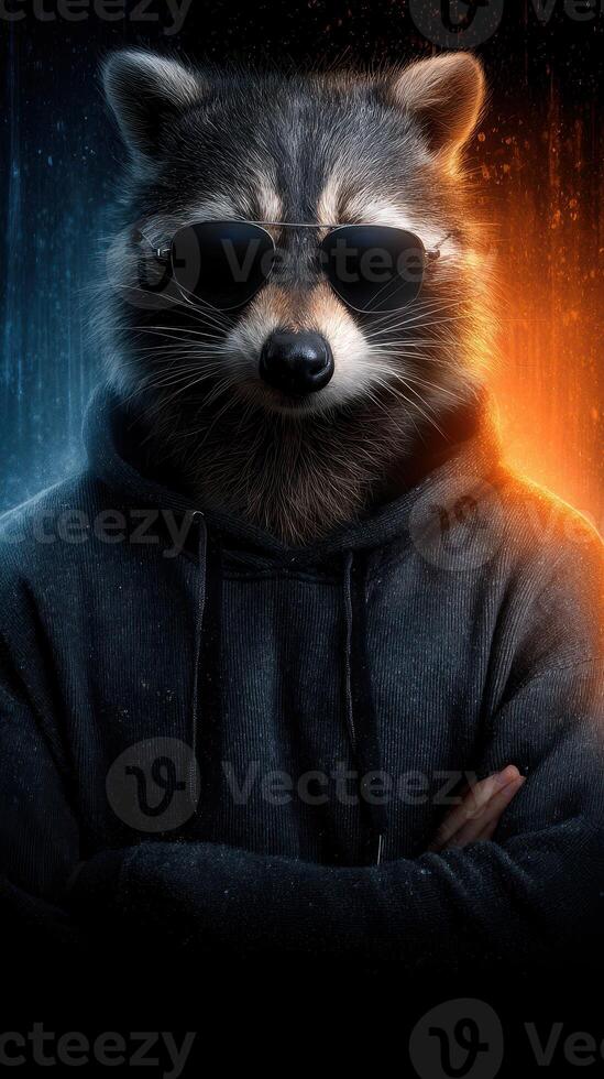 Raccoon in sunglasses wearing a hoodie poses confidently against a dramatic background of blue and orange photo