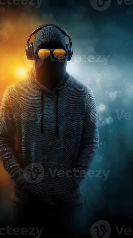 Mysterious figure in dark attire and sunglasses listening to music in a dramatic lighting setting photo