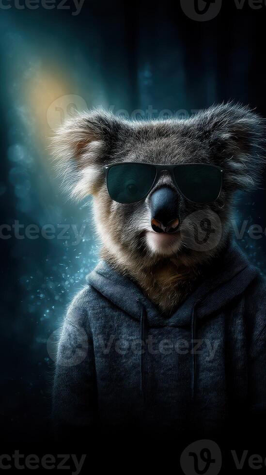 Koala wearing sunglasses and a hoodie poses confidently in a mysterious forest setting on a twilight night photo