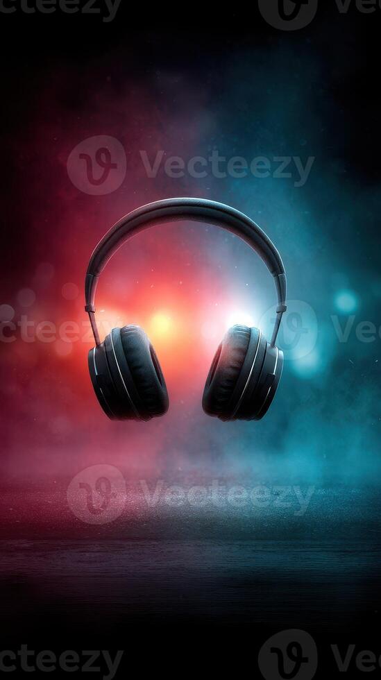 Colorful headphones suspended in mid-air with vibrant blue and red background lighting in a creative design setup photo