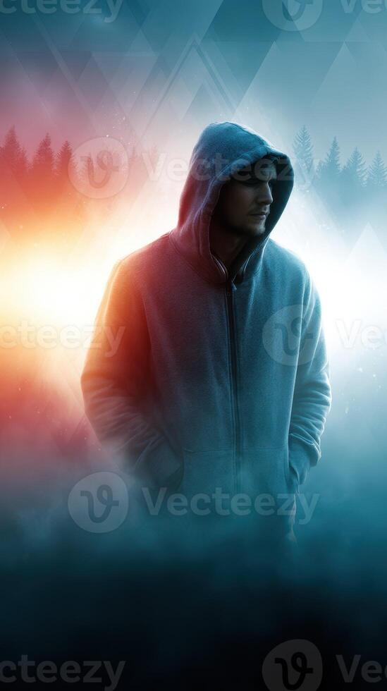 Mysterious figure in a hoodie standing in the misty forest at dawn with a contrasting orange and blue background photo
