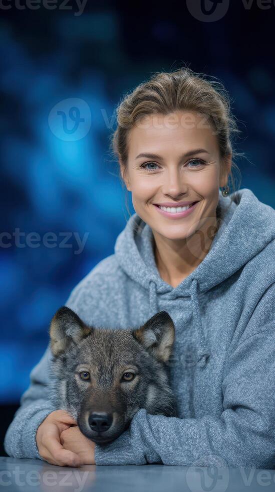 Smiling woman cuddles wolf pup on stage during a television broadcast in a cozy studio setting photo
