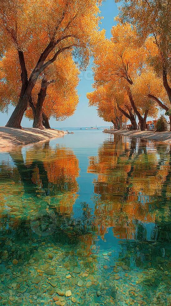 Lush autumn trees reflect in tranquil water near a serene lake on a sunny day photo