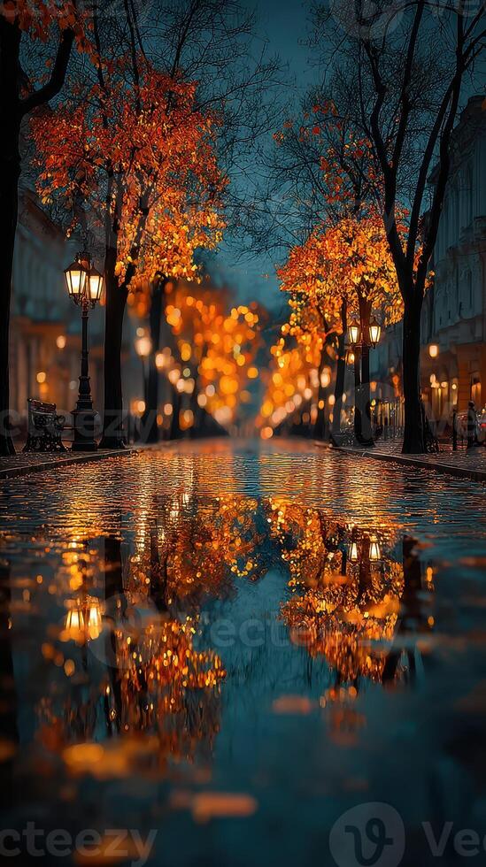 Colorful autumn leaves reflect in puddles on a quiet street illuminated by warm streetlights at dusk photo