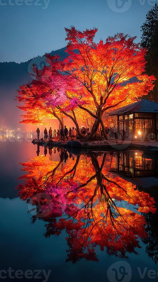 Vibrant autumn foliage reflects on a calm lake at dusk, drawing crowds near an inviting lakeside structure photo