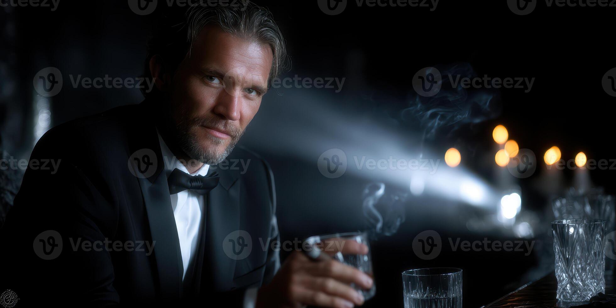 Elegant man enjoying a drink in a dimly lit bar at night surrounded by soft candlelight photo