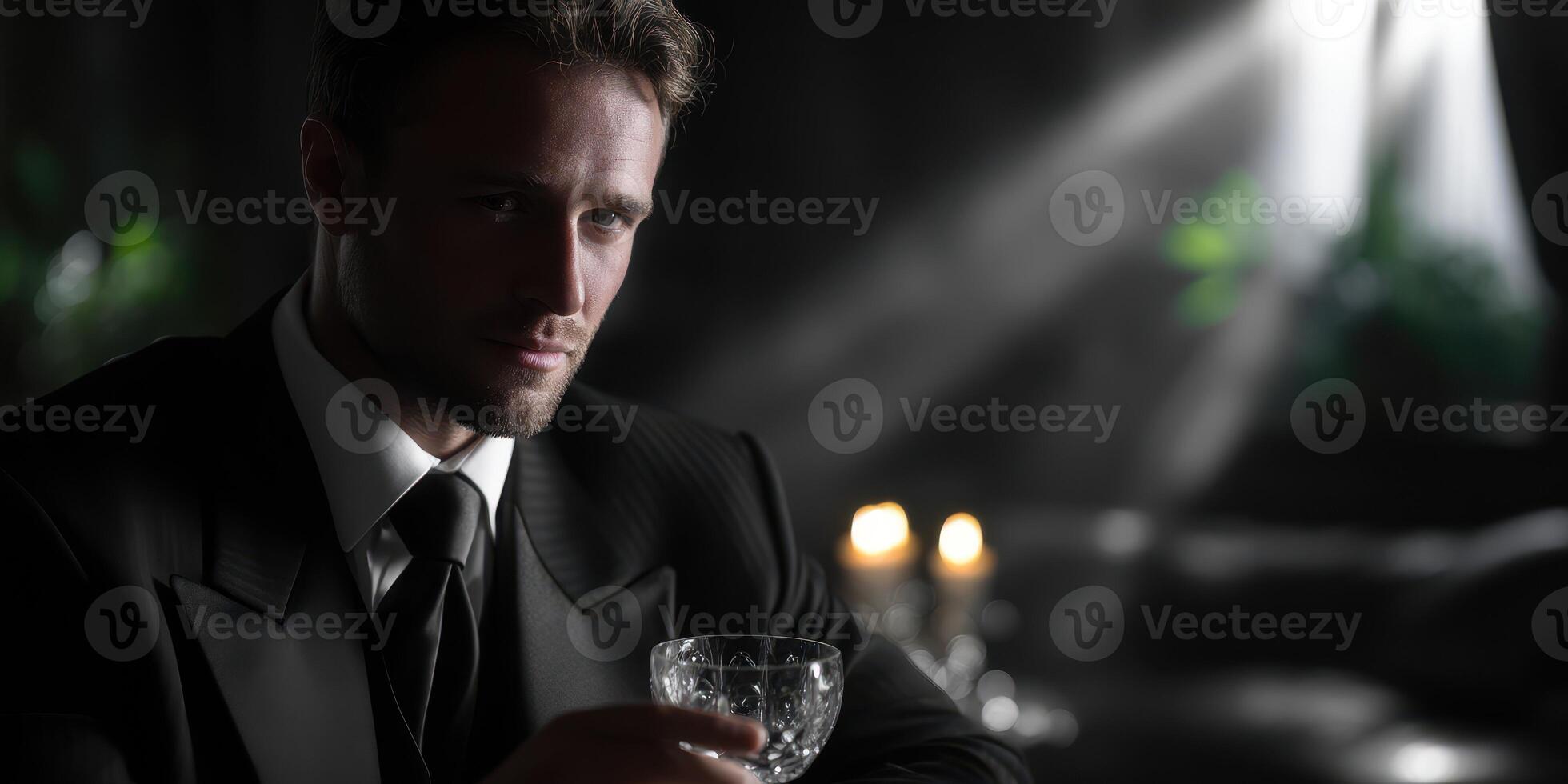 Elegant man in formal attire holds a crystal glass in a dimly lit room with candlelight photo
