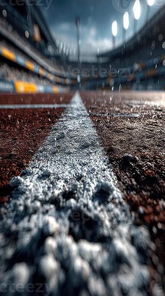 Rain-soaked track at a sports stadium during an athletic event with faint crowd noise in the background photo