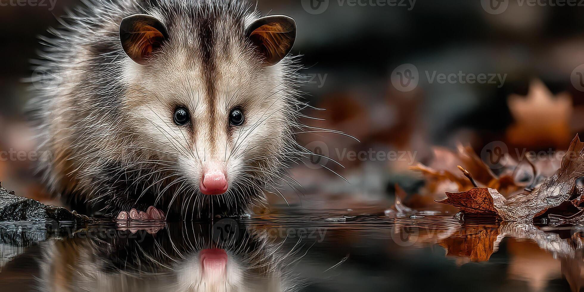 Opossum foraging near water in a forest during autumn photo