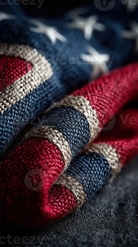 Close-up of intricately woven fabric displaying patriotic colors in a textured design suitable for various decor photo
