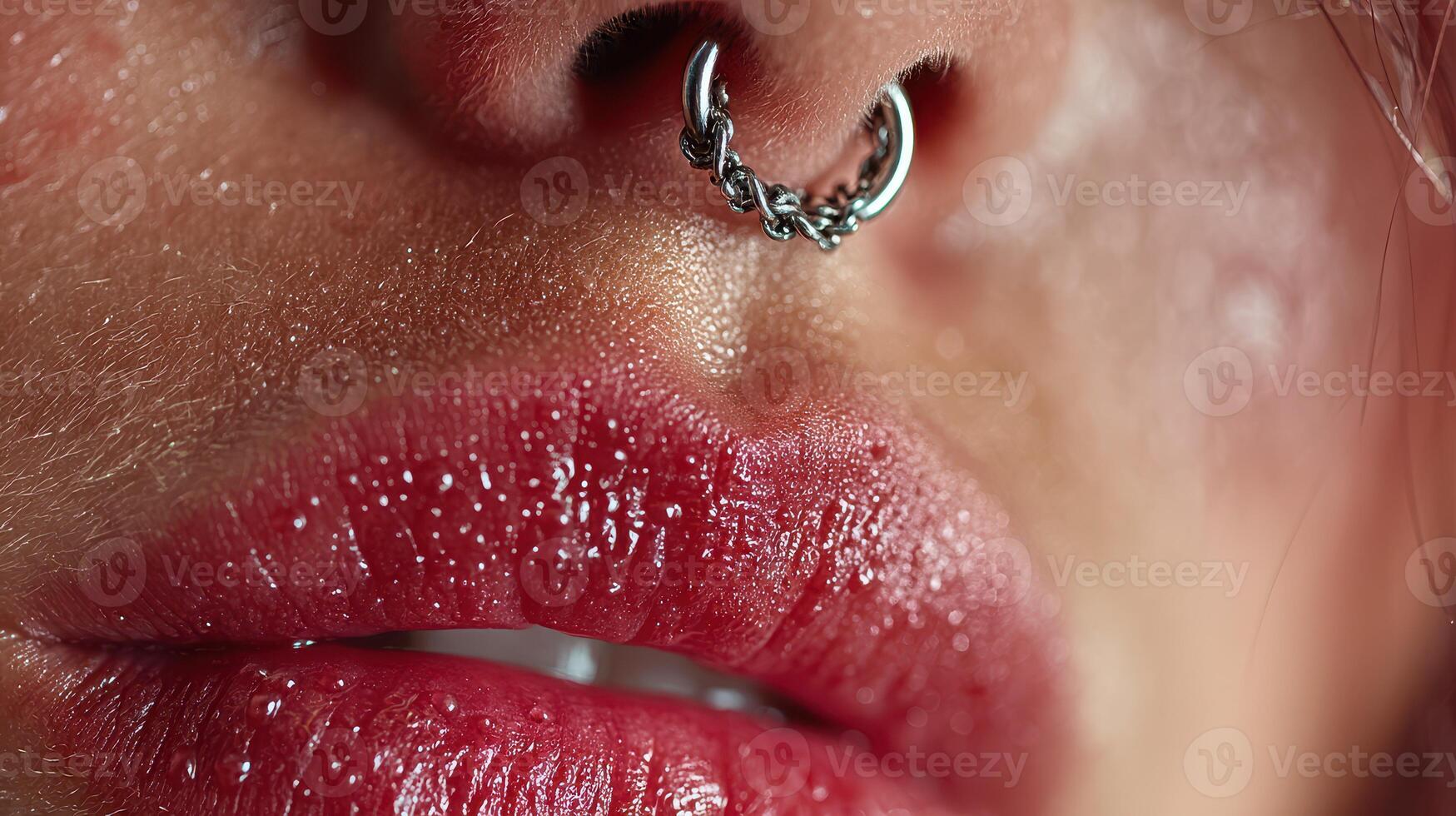 Close-up view of glistening lips with a unique nose ring in artistic lighting photo