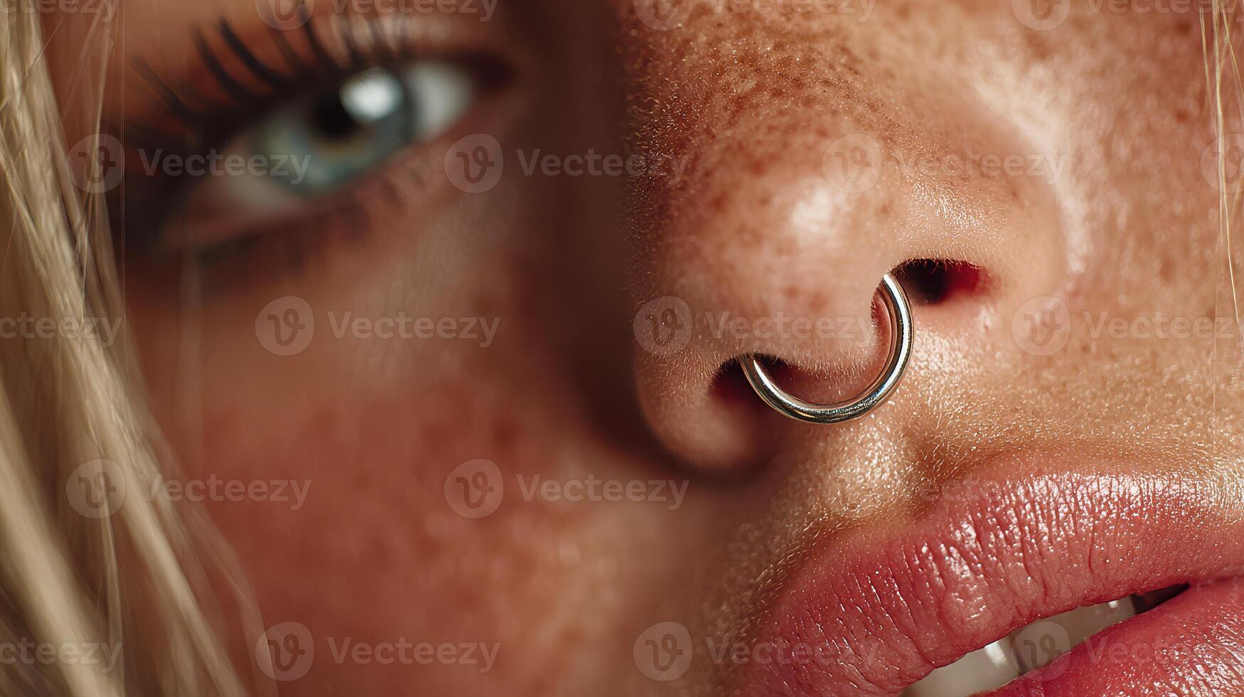 Close-up view of a person with a nose ring showcasing detailed features and freckles against a warm background photo