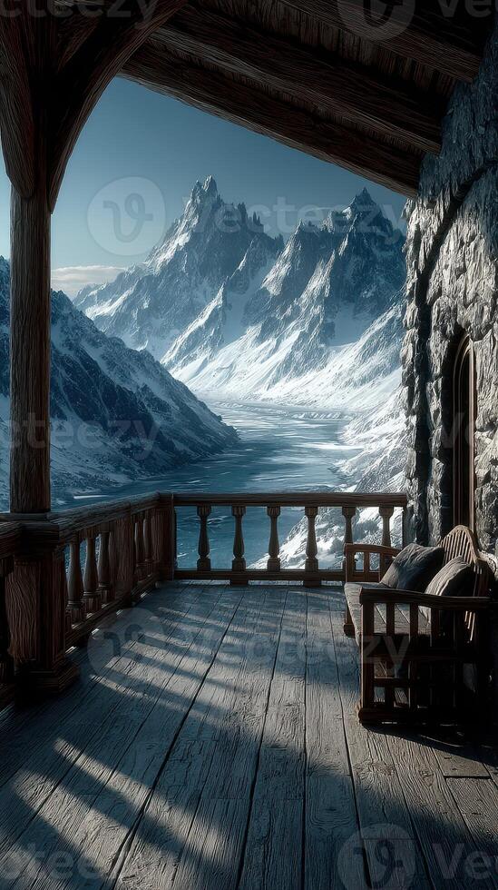 Breathtaking mountain view from a rustic balcony overlooking a serene snowy landscape during daylight photo
