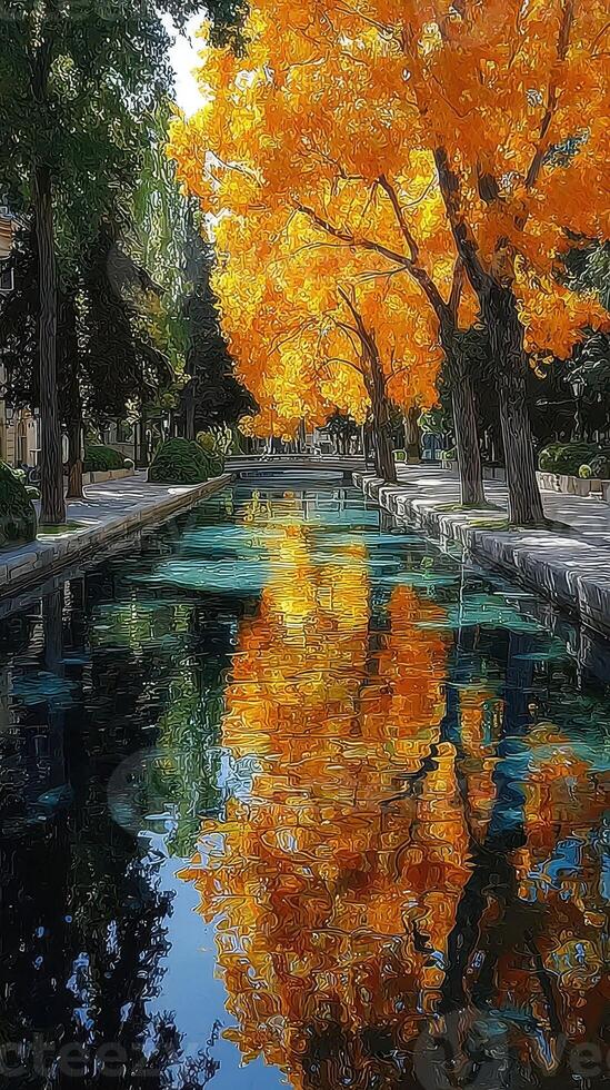 Vibrant autumn reflections in a serene canal surrounded by golden trees photo