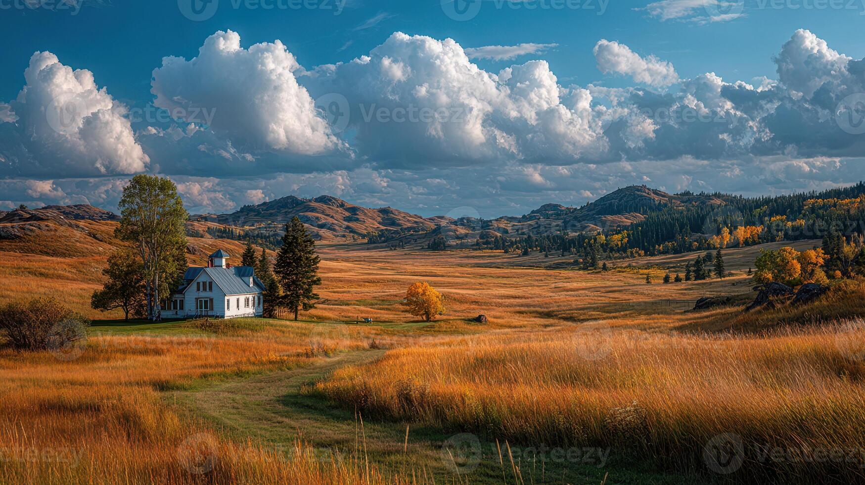 Vast golden fields surround a charming white house under a bright blue sky filled with fluffy clouds photo