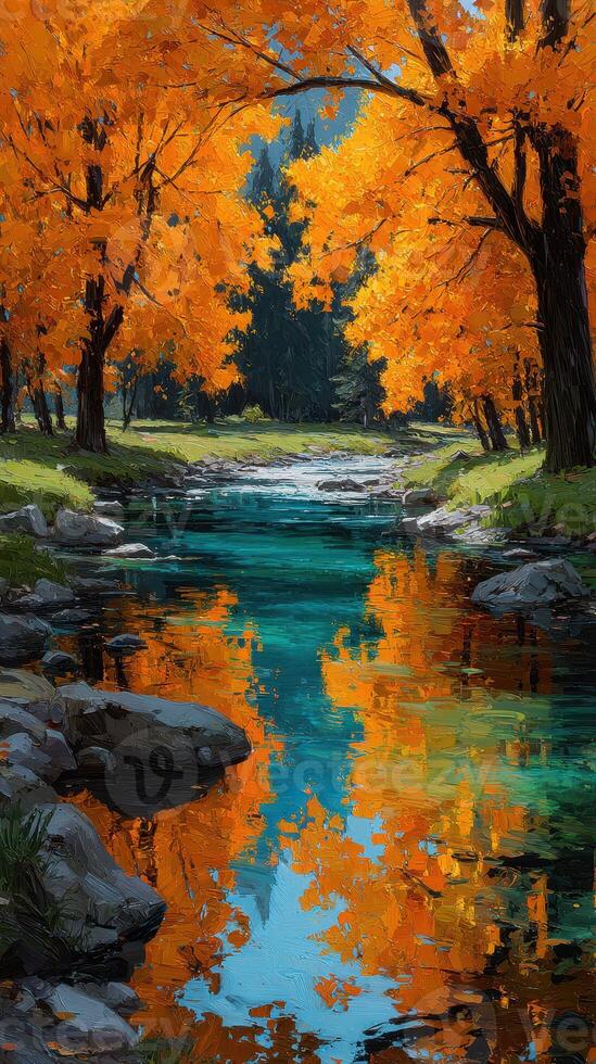 Fall colors reflect in a tranquil stream surrounded by vibrant orange trees in a serene landscape photo