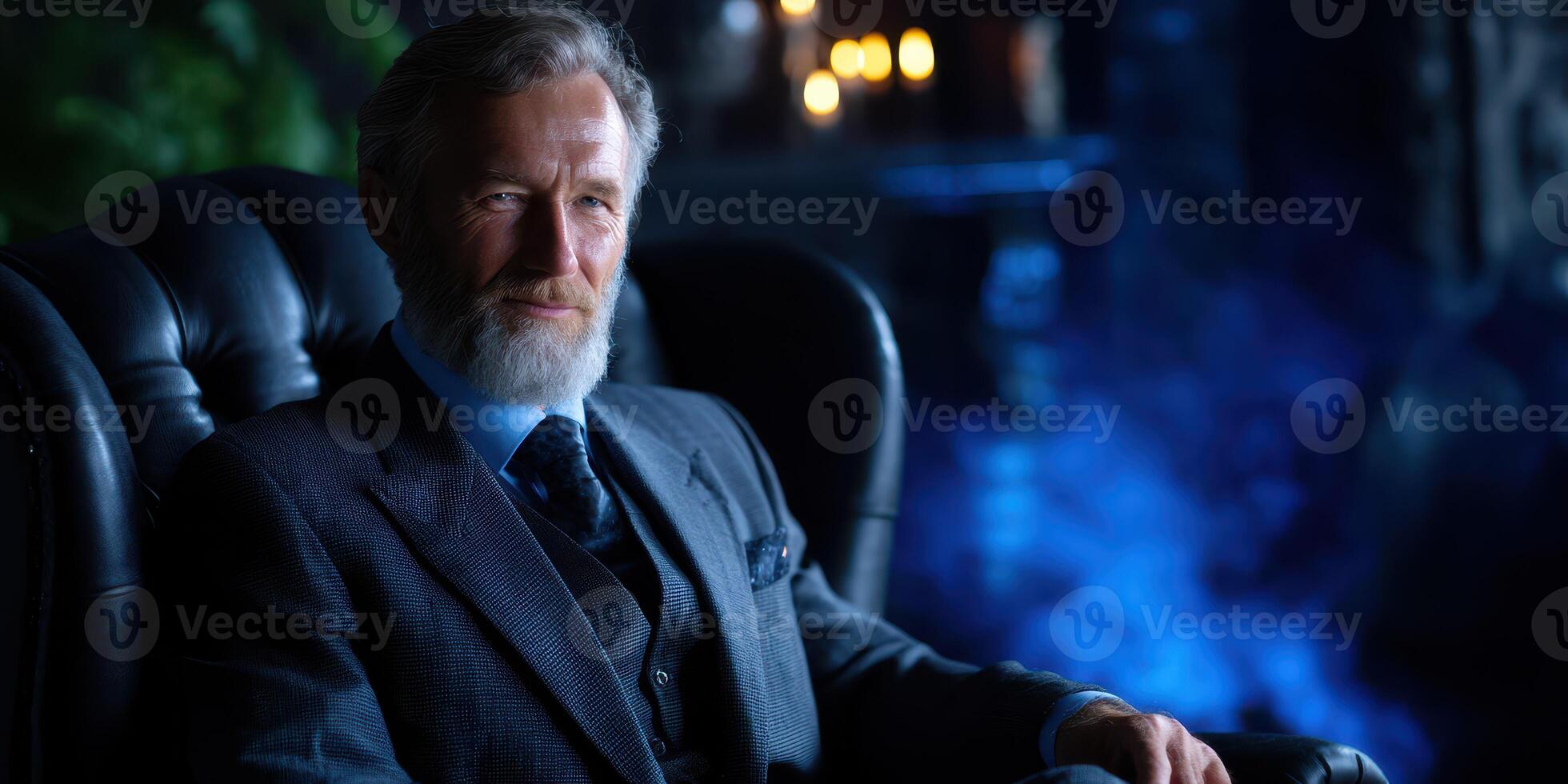 Man in tailored suit seated in an elegant chair surrounded by atmospheric lighting and smoke at nighttime photo
