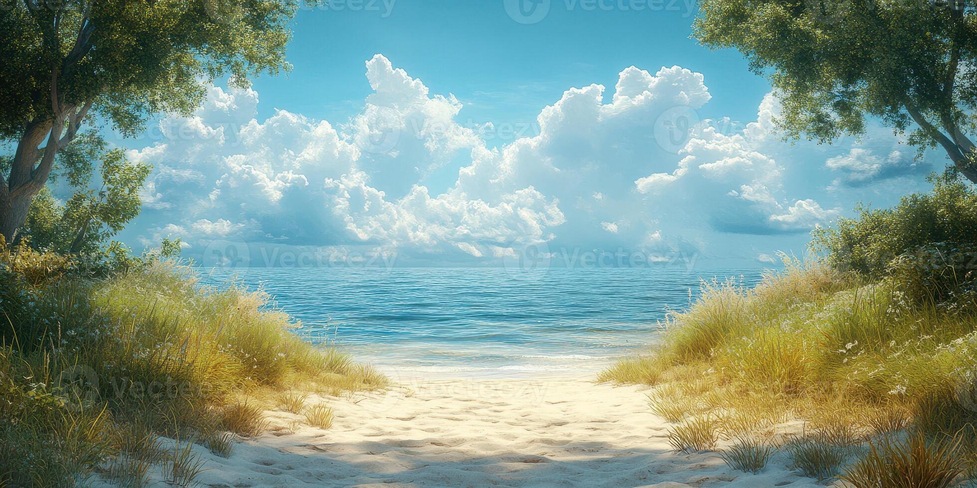 Beautiful coastal view with sandy beach and calm ocean under a brilliant sky photo