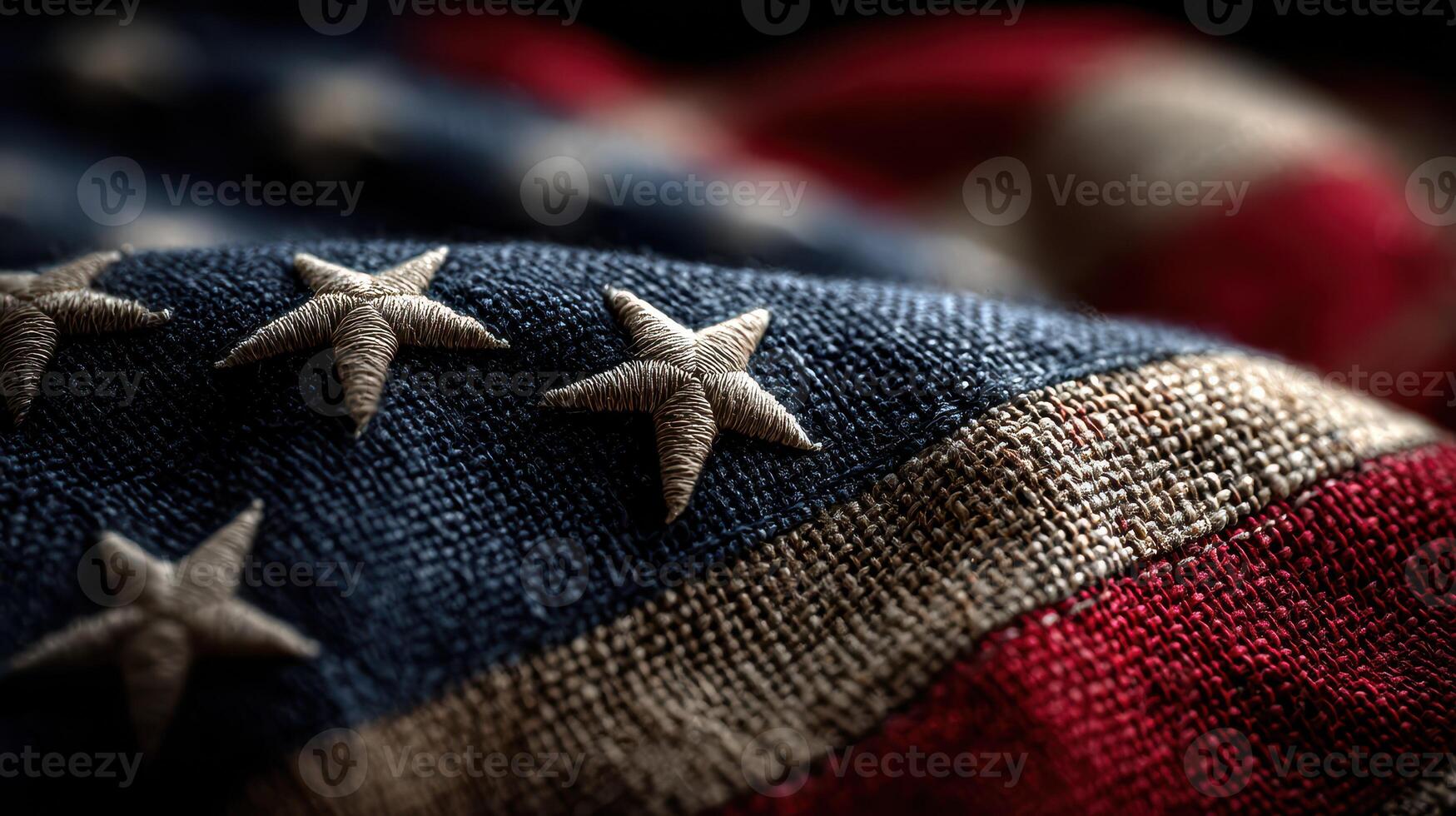 Detailed close-up of a textured American flag showcasing stars and stripes in rich colors photo