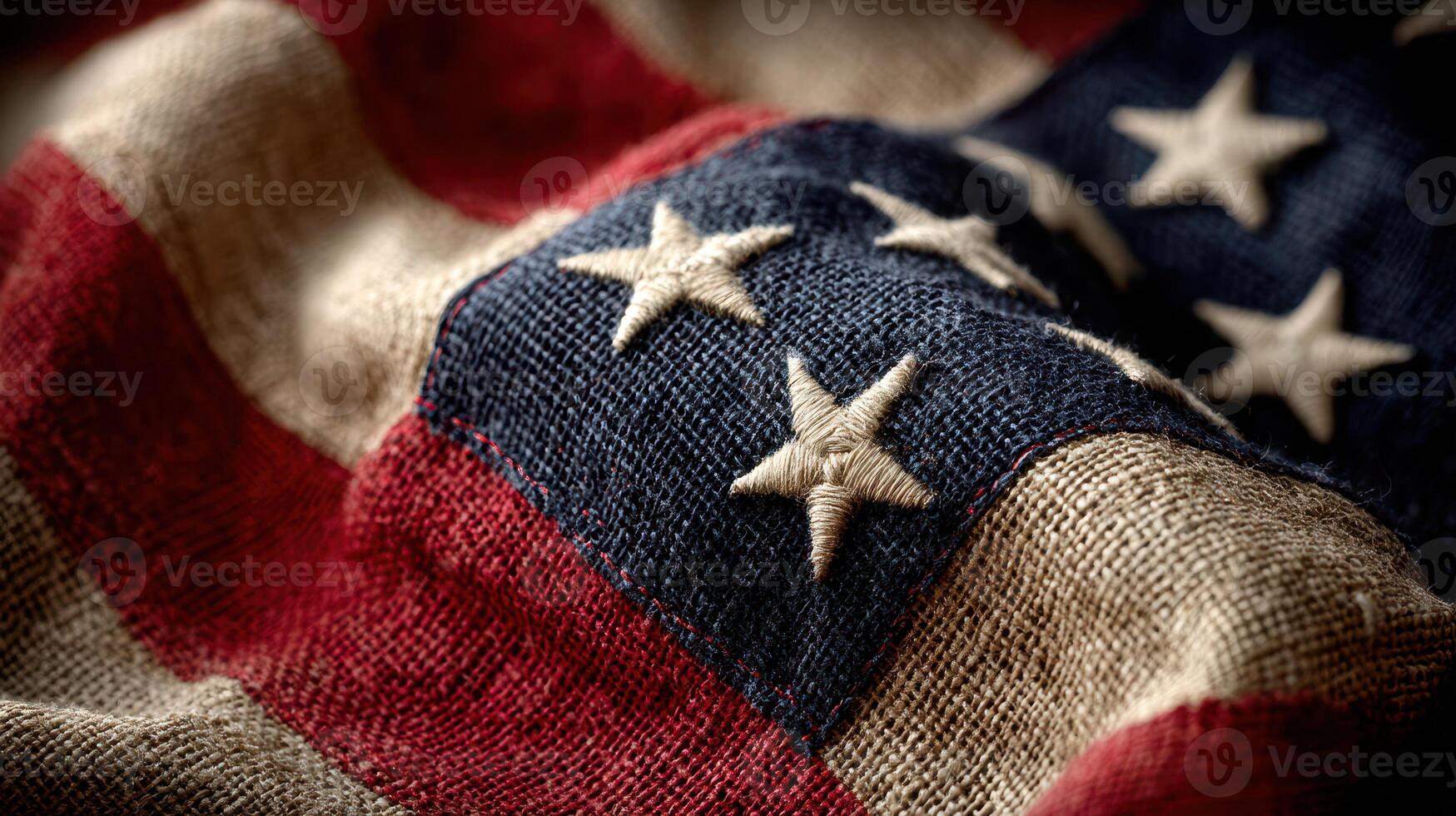 Burlap texture of an American flag symbolizing patriotism and national pride in a rustic setting photo