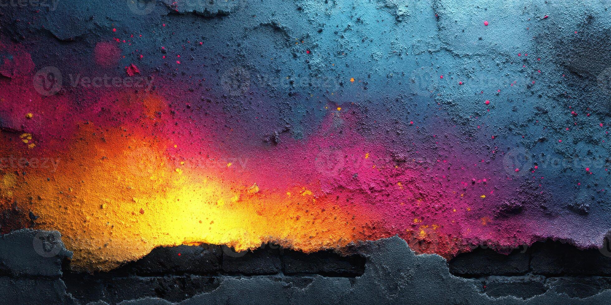 Vibrant abstract wall art with a gradient of colors and textures in an urban setting at dusk photo