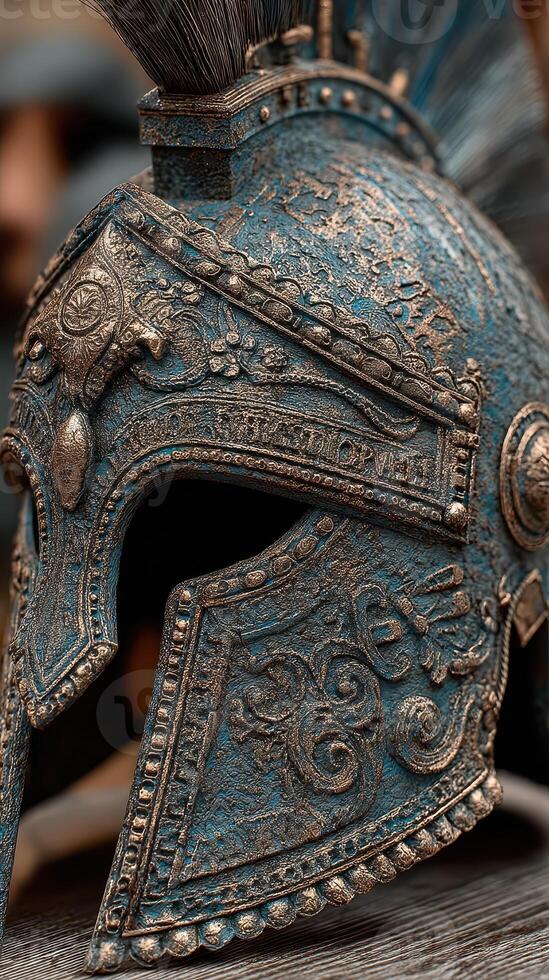 Detailed close-up of a vintage warrior helmet showcasing ornate carvings and unusual patina photo