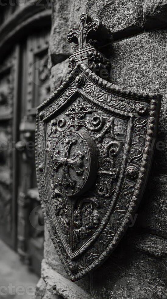 Ornate black shield with intricate design mounted on a stone wall in historic architecture photo