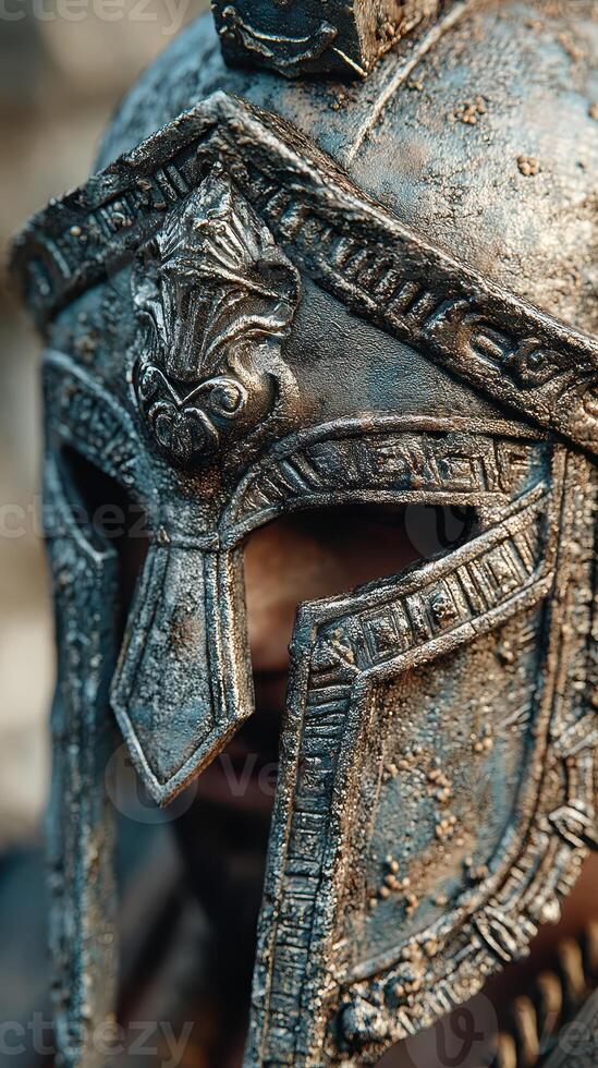 Detailed view of a weathered ancient warrior helmet displayed in historical reenactment setting photo