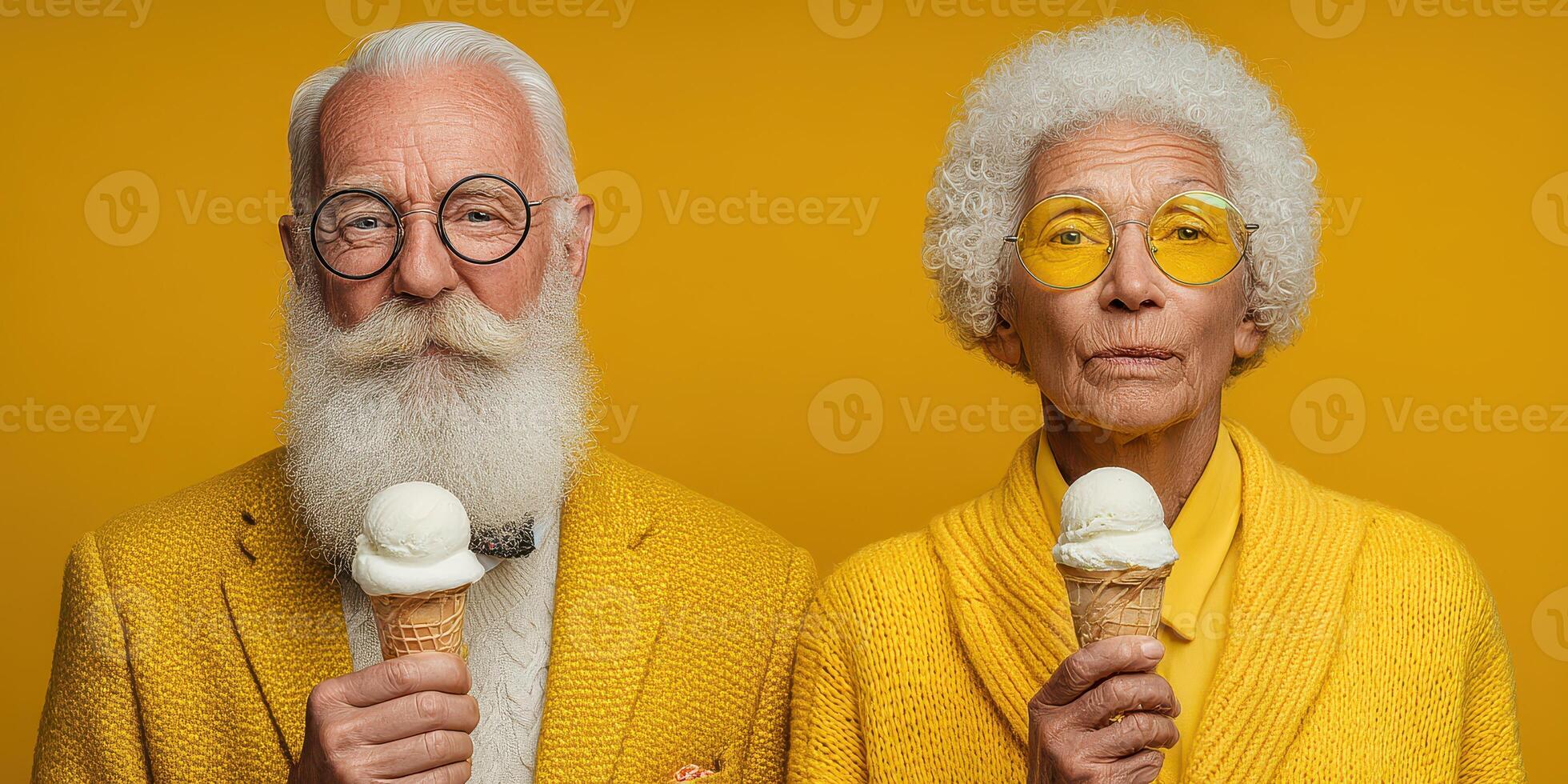 Elderly couple enjoying ice cream in bright yellow attire against a vibrant background photo