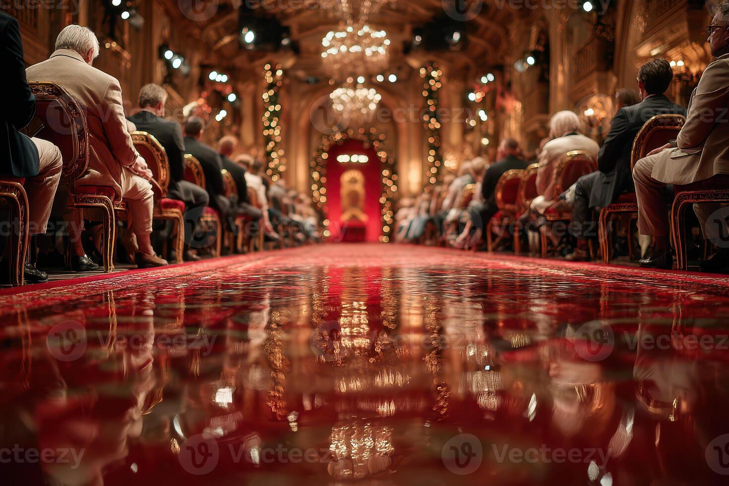 Elegant gathering in a luxurious hall with ornate decorations and warm lighting during an evening ceremony photo