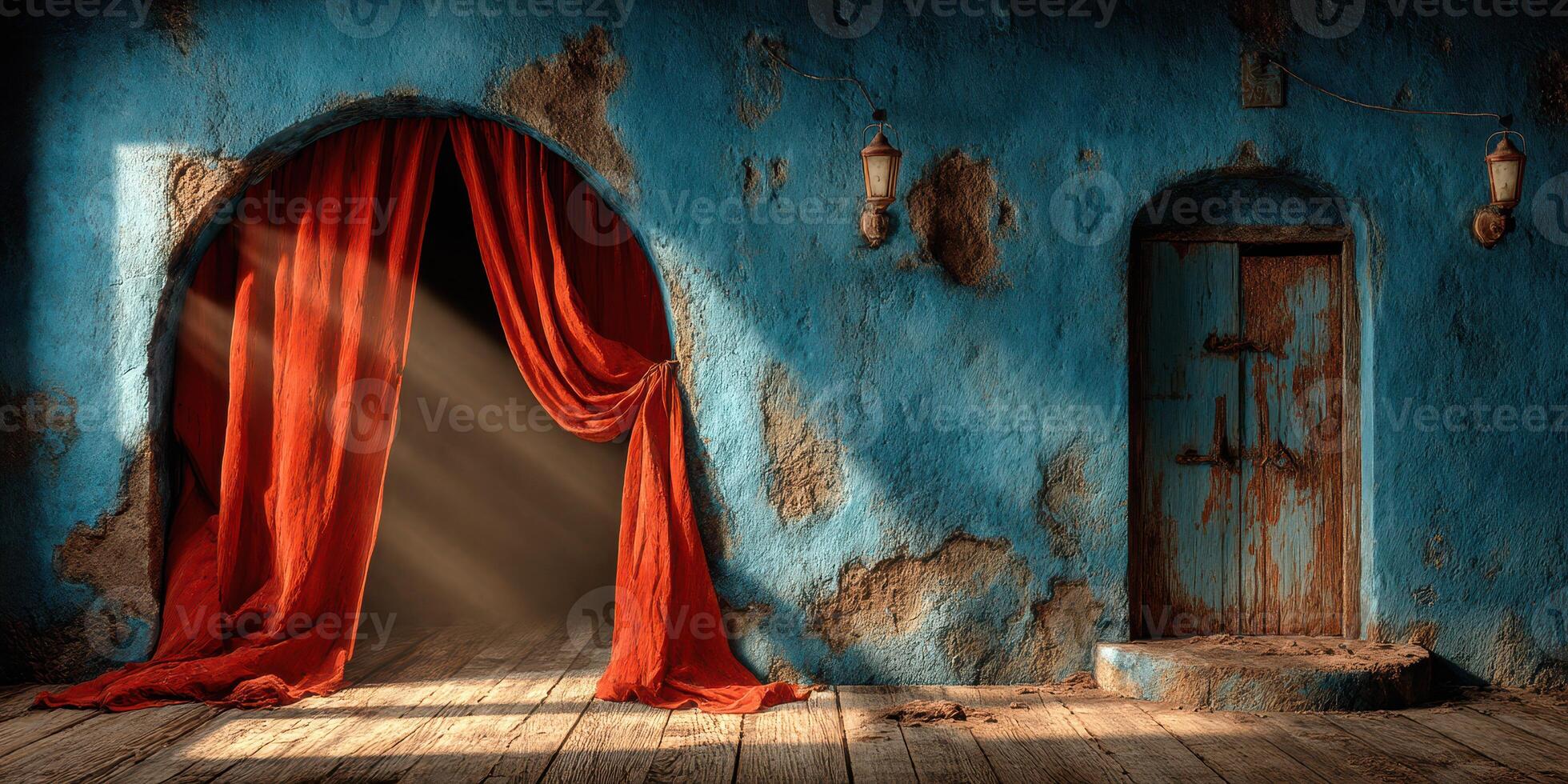 Rustic interior with blue walls, red curtains, and wooden floor highlighting warm sunlight in a historic setting photo