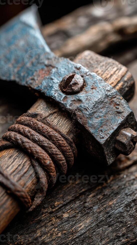 Detailed view of a rustic axe resting on weathered wood in a workshop setting photo