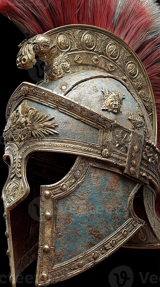 Ancient Roman gladiator helmet with intricate design and vibrant crest displayed against black background photo