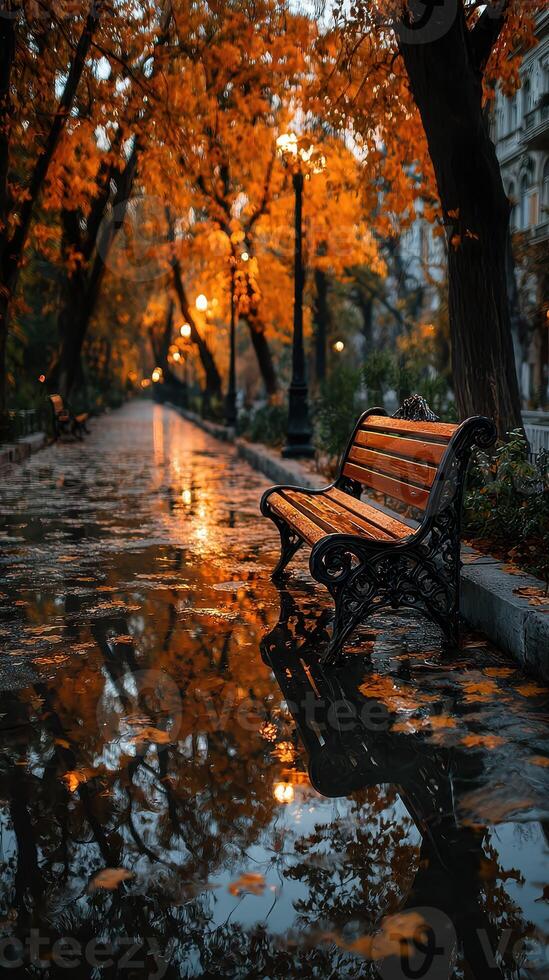 Autumn park pathway with a wooden bench surrounded by vibrant orange leaves after rain photo
