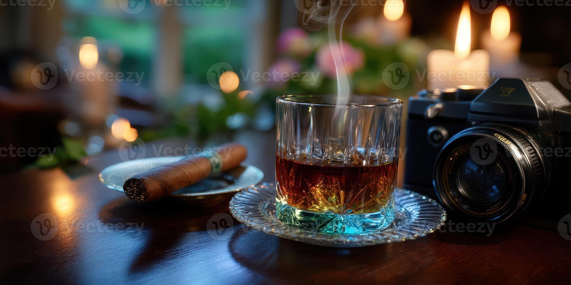 Evening relaxation with whiskey, cigar, candlelight, and photography setup in a cozy atmosphere photo