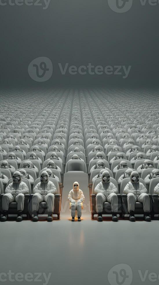 Individual seated among a sea of identical figures in a stark, oversized auditorium photo