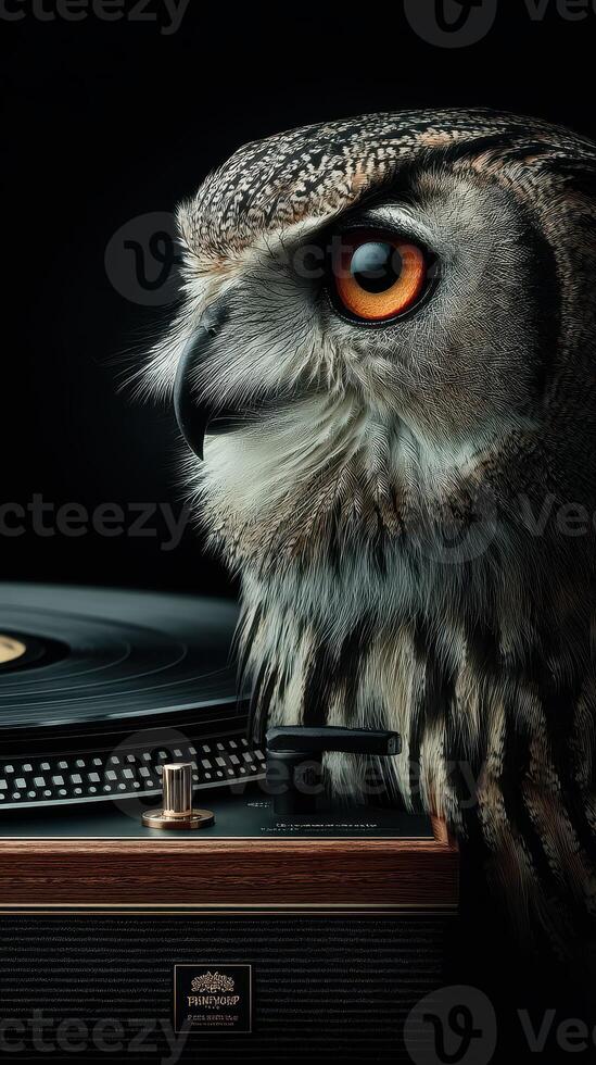 Owl listens intently to vinyl records, capturing a blend of nature and music in a dark setting photo