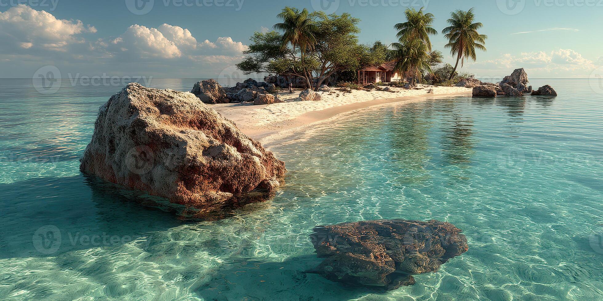 Tropical paradise with clear water, sandy beach, and palm trees under a bright sky in a tranquil setting photo