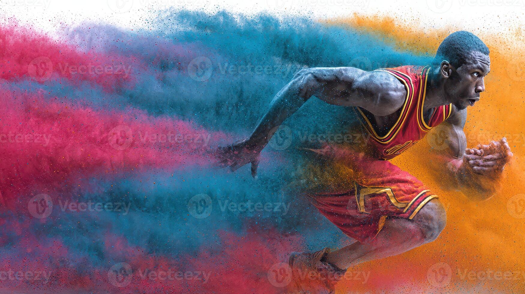 Dynamic basketball player running with vibrant colored dust clouds during an intense game in an indoor arena in the evening photo