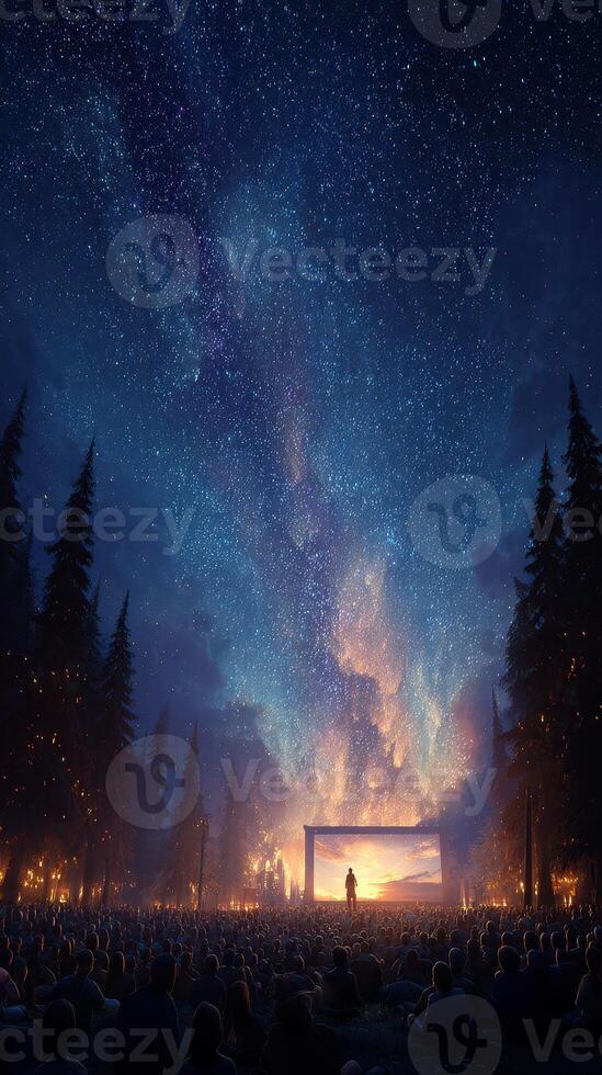 Nighttime outdoor gathering features a captivating starry sky and a large screen with a vibrant display photo